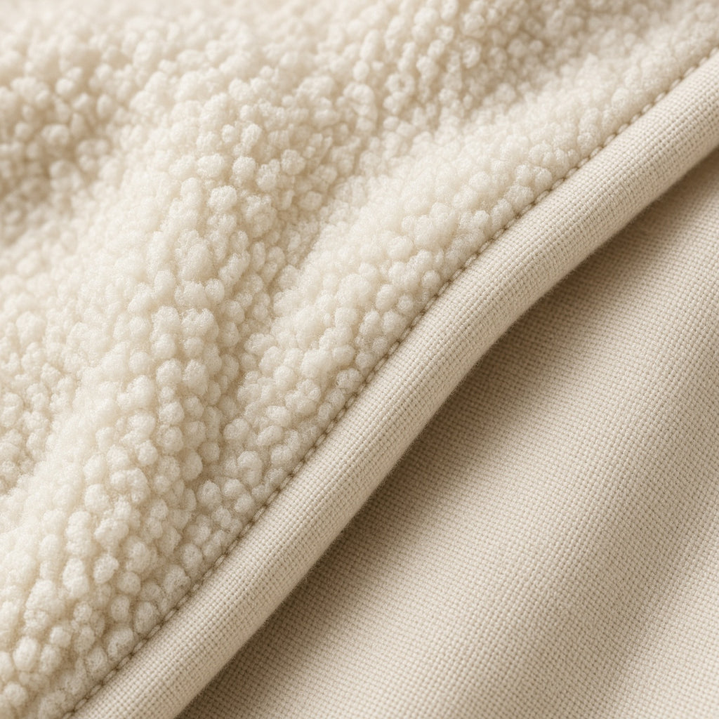 Närbild sherpa och flanell, COZEY Huvan