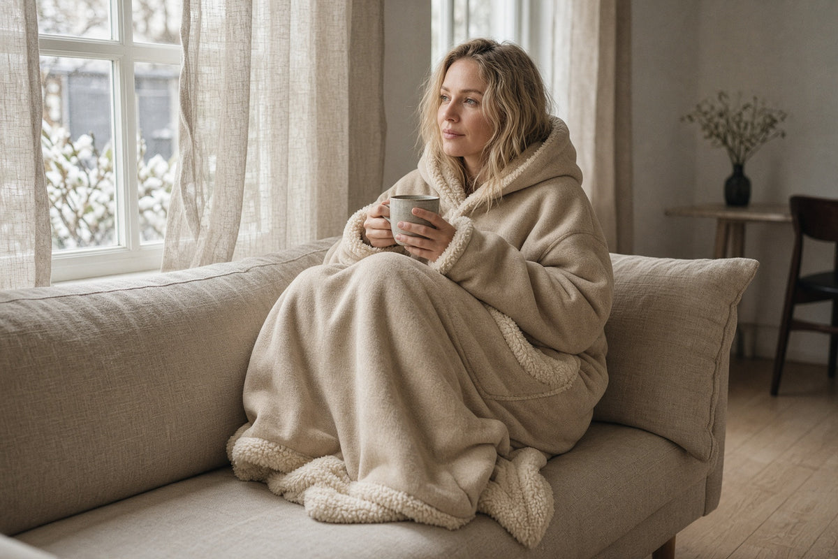 Kvinna i COZEY-huvan i färgen Havre