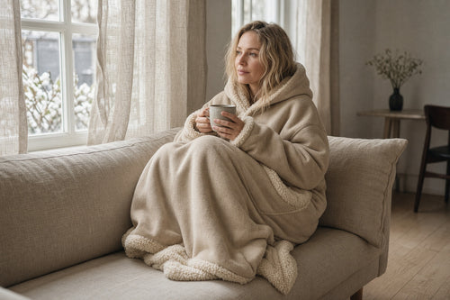 Kvinna i COZEY-huvan i färgen Havre